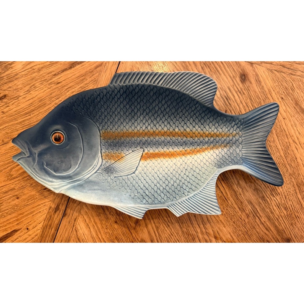 Vtg Fish Platter Hanging Japan 16" Long Blue Brown